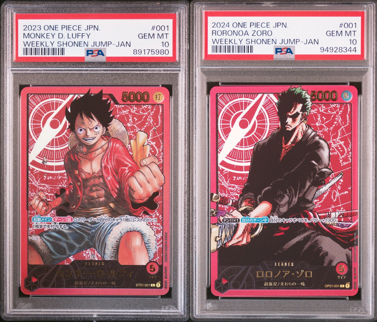 SET 2 PSA 10 GEM MINT JAPANESE ONE PIECE Zoro OP01-001 & MONKEY D Luffy ST01-001