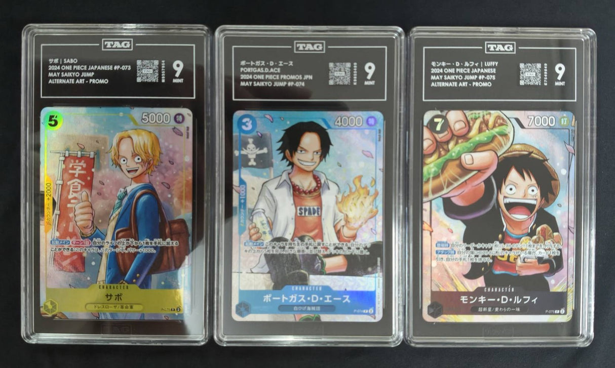 SET 3 TAG 9 MINT JAPANESE ONE PIECE 2024 Luffy Ace Sabo P-073 P-074 P-075