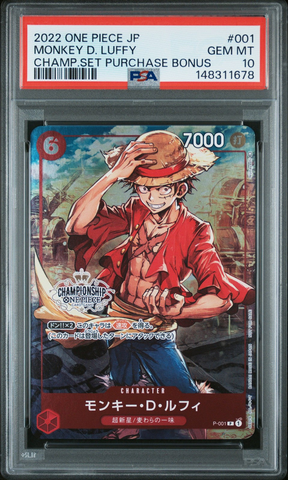 PSA 10 GEM MINT One Piece 2022 Monkey D. Luffy P-001 Tournament Promos Champions