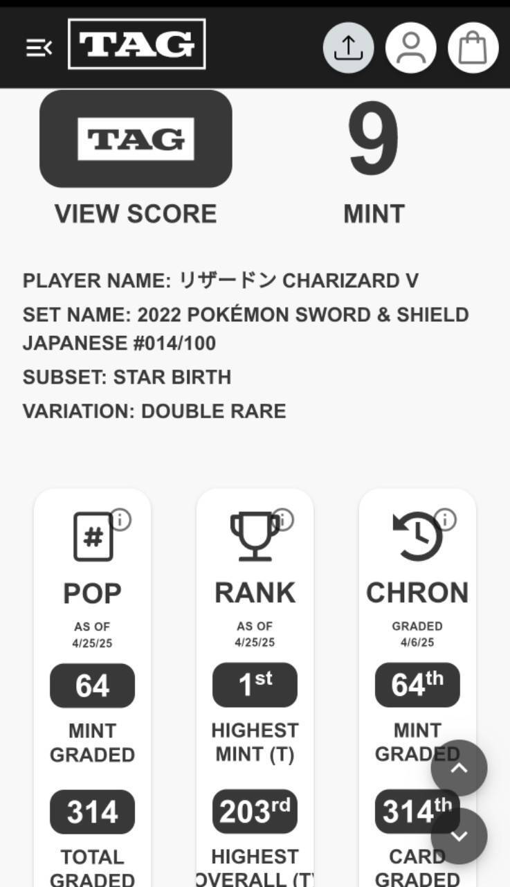 TAG 9 MINT Japanese Pokemon 2022 Charizard V 014/100 S9 Star Birth