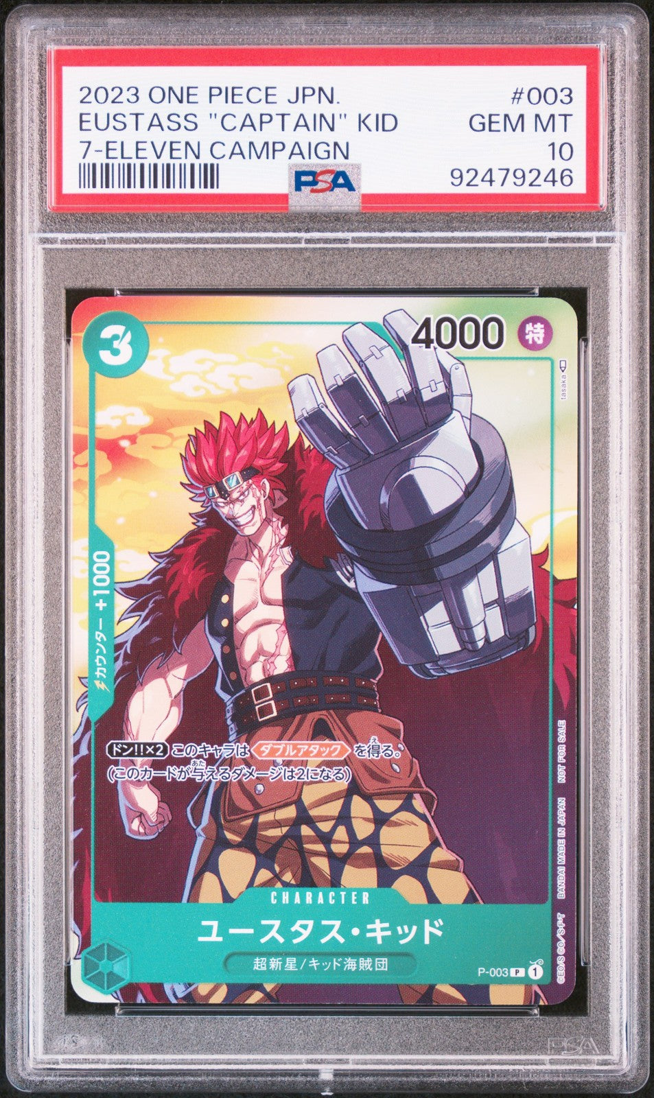 PSA 10 GEM MINT JAPANESE ONE PIECE 2023 Eustass Kid P-003 7-Eleven CAMPAIGN