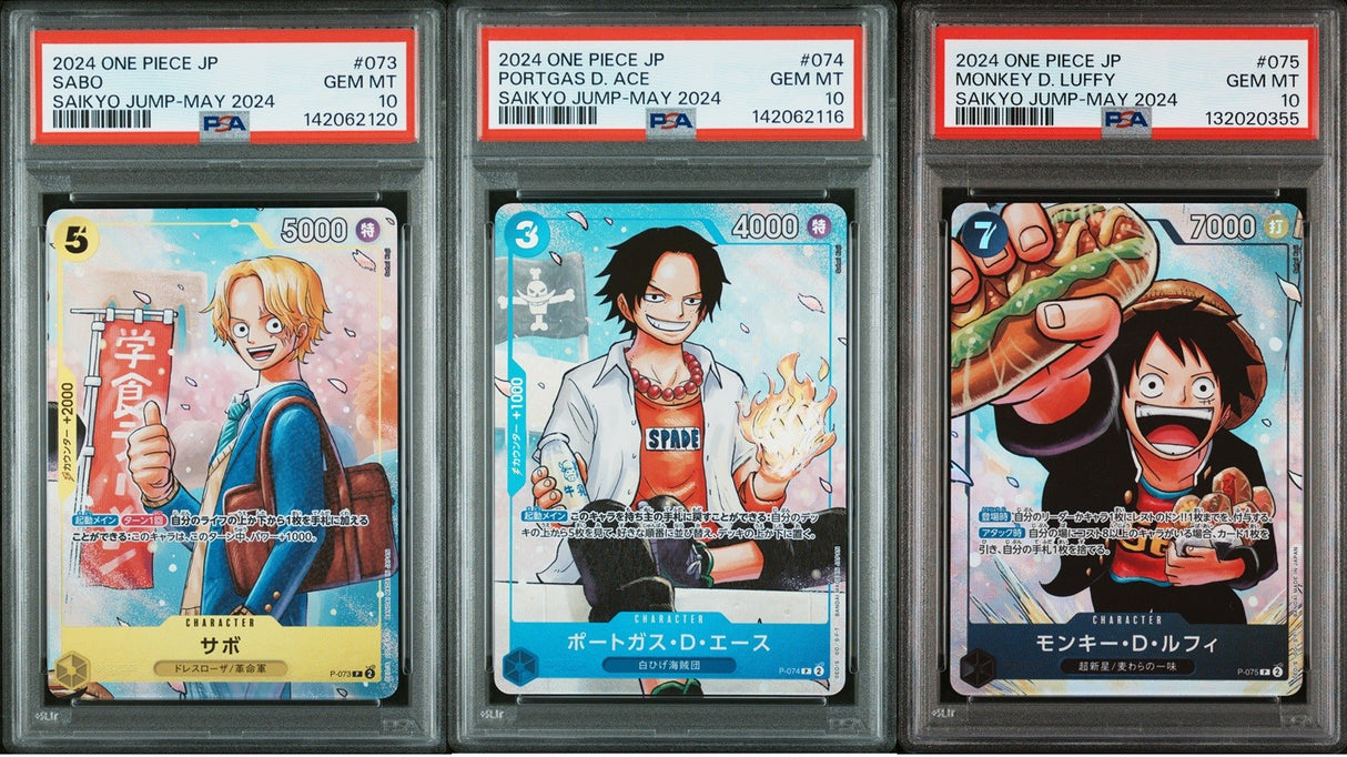 SET 3 PSA 10 GEM MINT JP ONE PIECE 2024 Luffy Ace Sabo P-073 P-074 P-075 JUMP