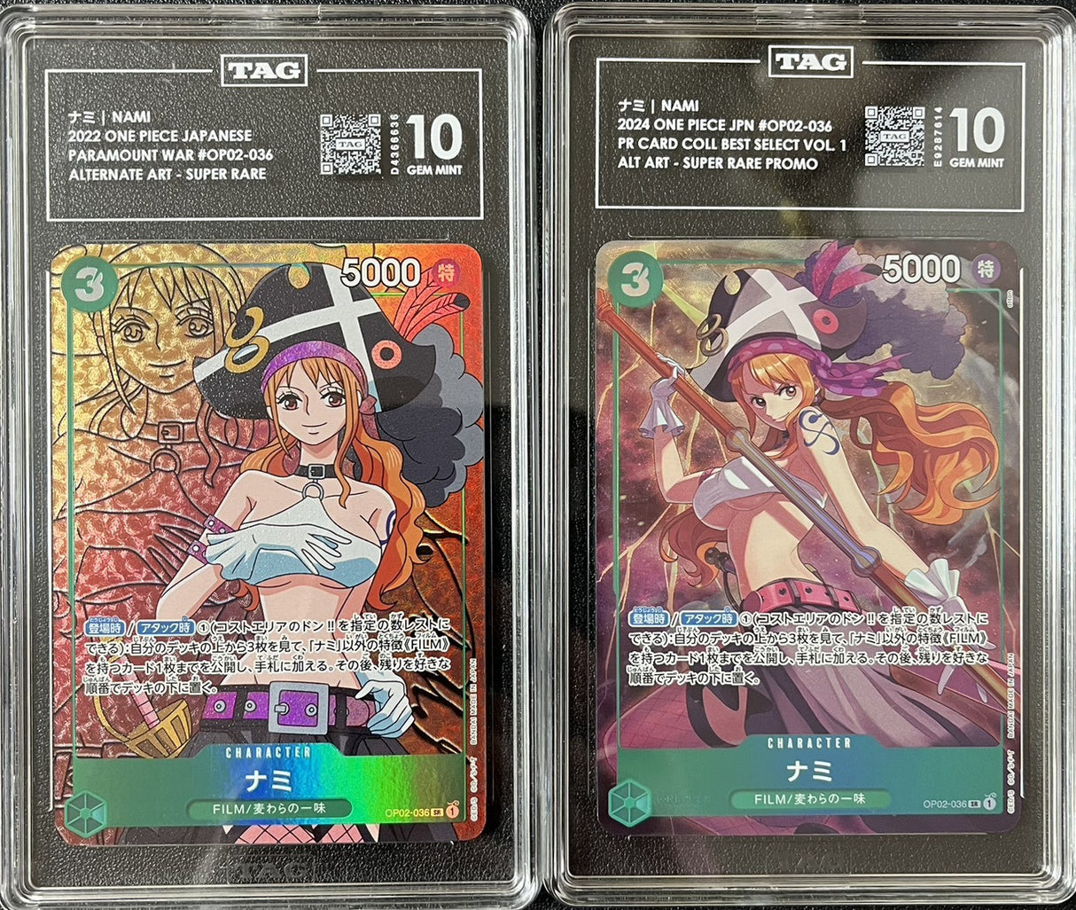 SET 2 TAG 10 GEM MINT JAPANESE ONE PIECE 2022/23 Nami OP02-036 ALT ART & SR