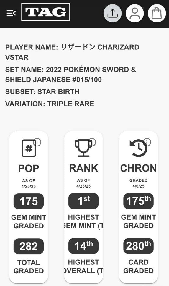 TAG 10 GEM MINT JAPANESE POKEMON 2022 CHARIZARD VSTAR 015/100 STAR B S9 Rank #1