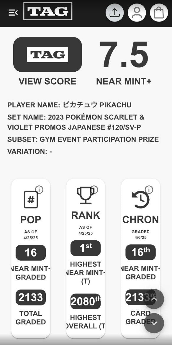 TAG 7.5 NEAR MINT JAPANESE POKEMON 2023 PIKACHU 120/SV-P GYM EVENT PROMO