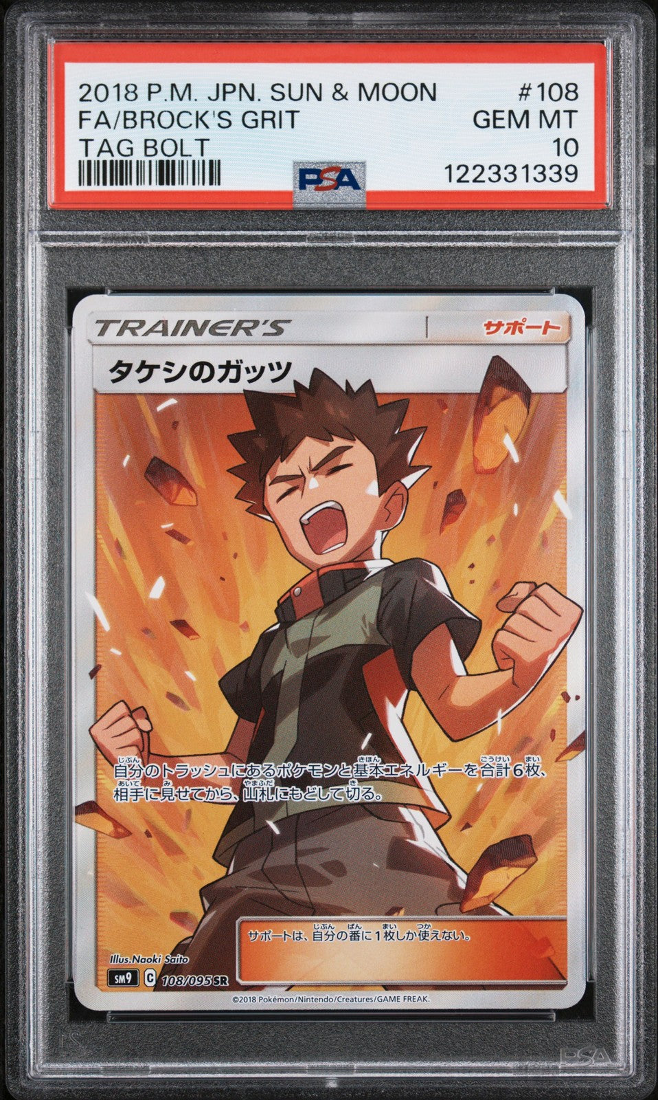 PSA 10 GEM MINT JAPANESE POKEMON 2018 BROCK'S GRIT 108/095 TAG BOLT SM9