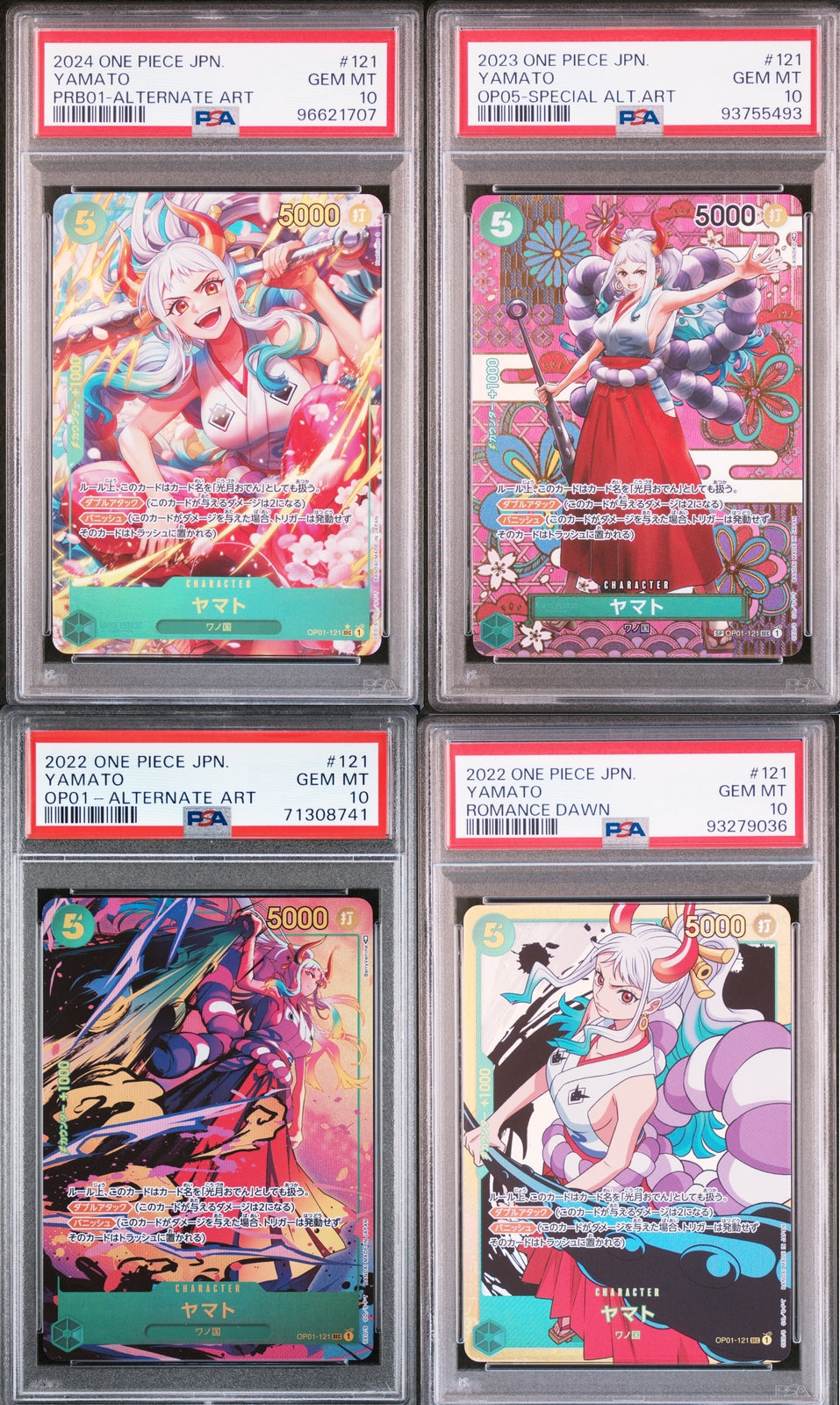 SET 4 PSA 10 GEM MINT JAPANESE ONE PIECE YAMATO OP01-121 OP05-121 PRB01-121 2024