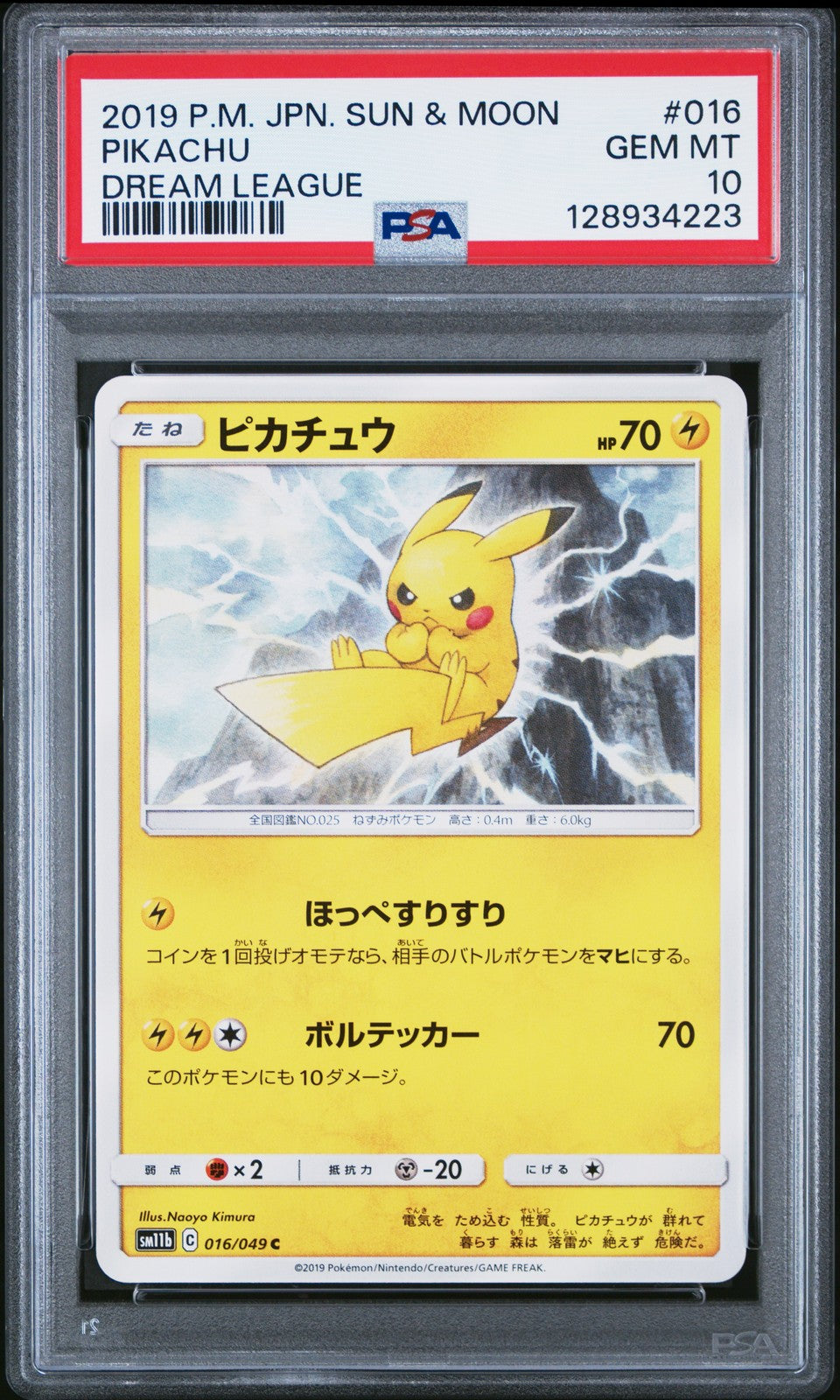 PSA 10 GEM MINT JAPANESE POKEMON 2019 PIKACHU 016/049 DREAM LEAGUE SM11b