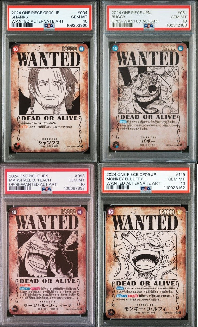 SET 4 PSA 10 GEM JAPANESE ONE PIECE Complete Wanted Luffy Shanks Buggy Teach
