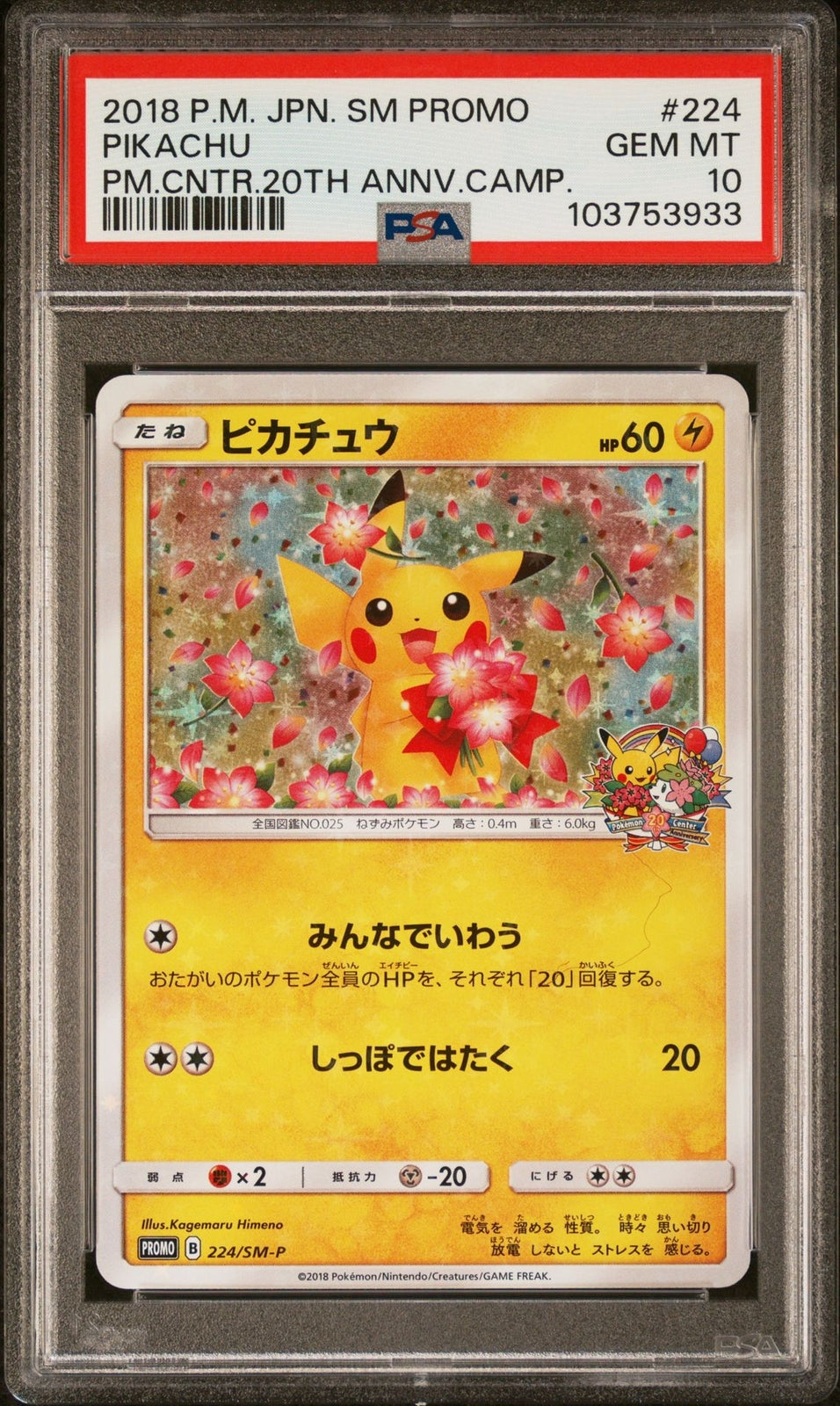 PSA 10 GEM MINT JAPANESE POKEMON 2018 PIKACHU 224/SM-P 20TH ANN PROMO