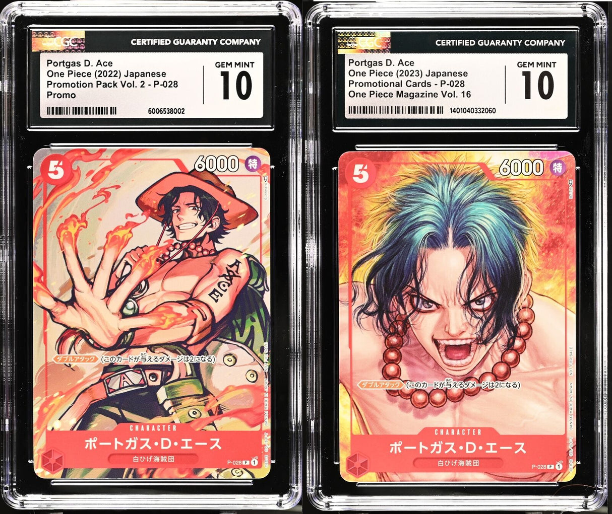 SET 2 CGC 10 GEM MINT JAPANESE ONE PIECE Portgas D. Ace P-028 PROMOTION&MAGAZINE