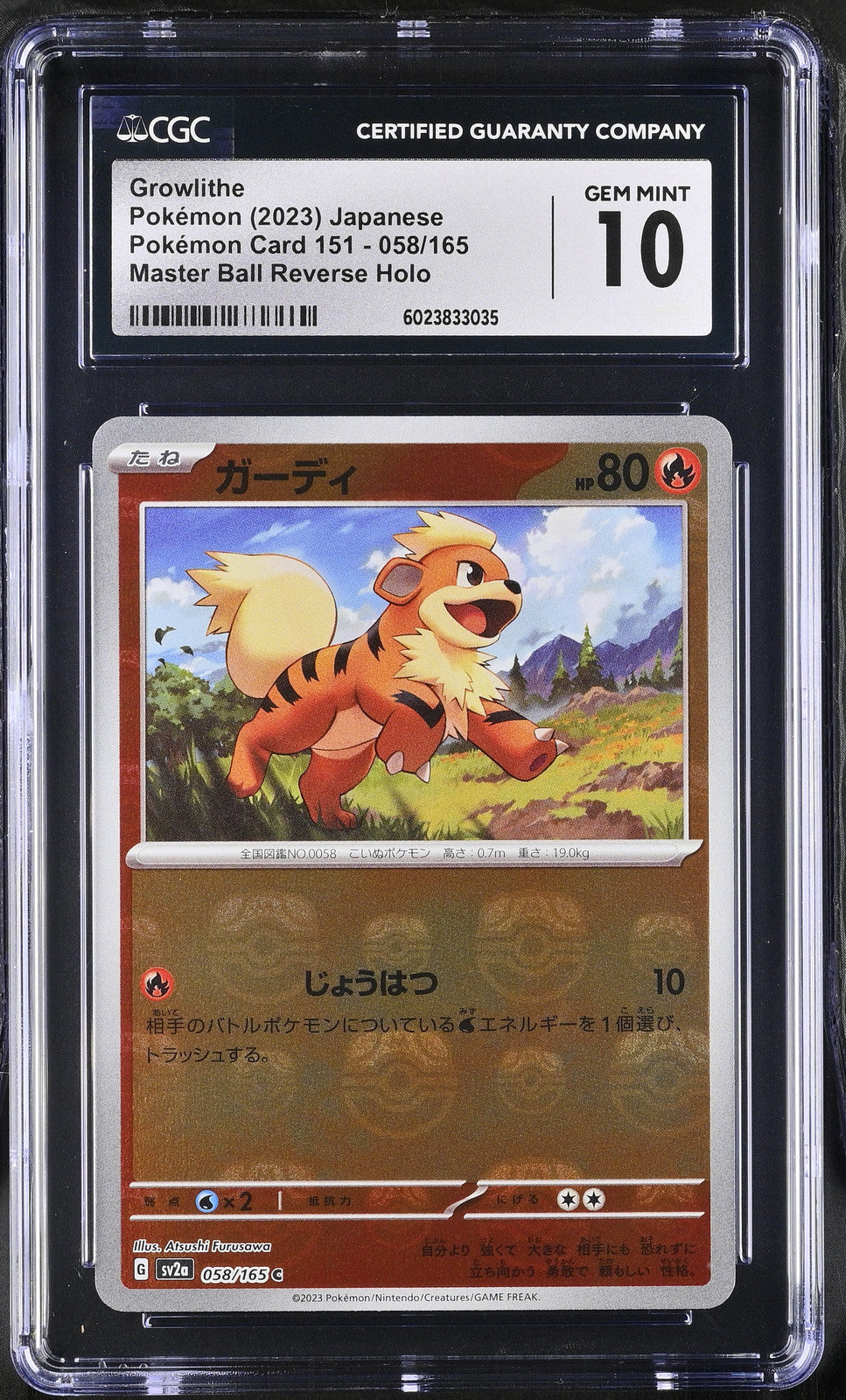 CGC 10 GEM MINT JAPANESE POKEMON 2023 GROWLITHE 058/165 REVERSE HOLO SV2a