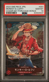 PSA 10 GEM MINT JAPANESE ONE PIECE 2022 MONKEY D LUFFY P-001 CHAMPIONSHIP WINNER