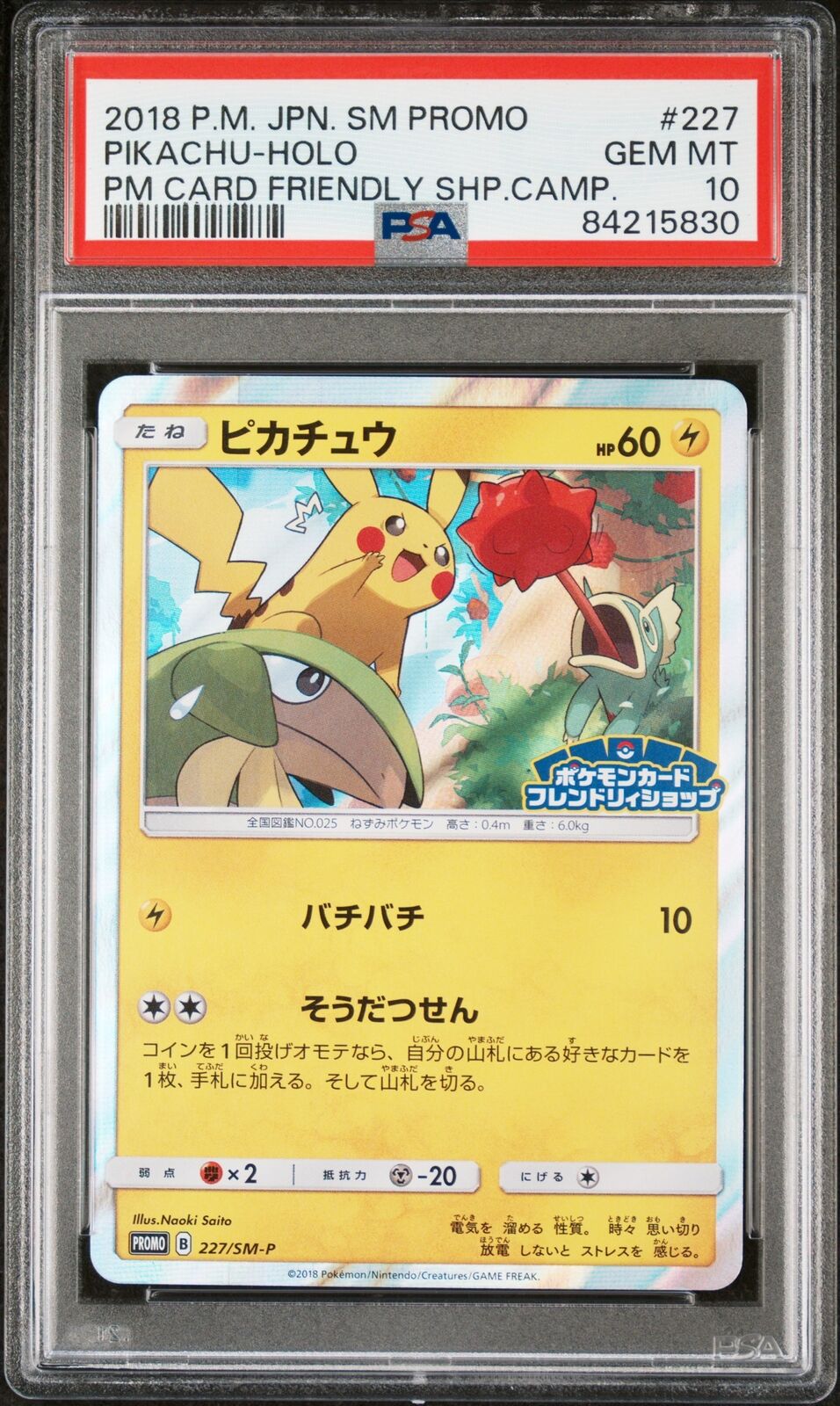 PSA 10 GEM MINT JAPANESE POKEMON 2018 PIKACHU-HOLO 227/SM-P PROMO