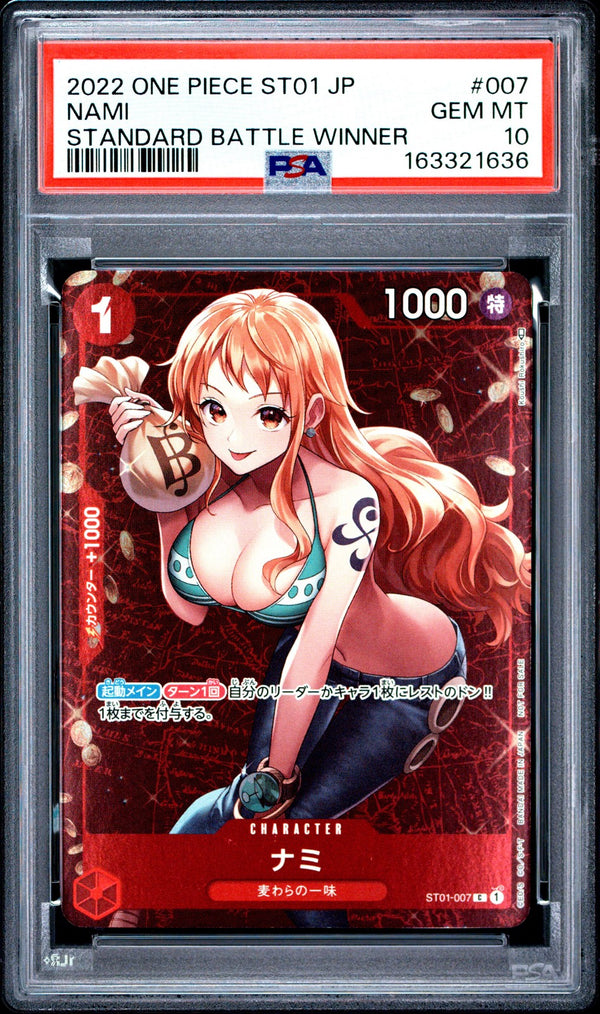 PSA 10 GEM MINT JAPANESE ONE PIECE 2022 Nami ST01-007 Standard Battle WINNER reference photo