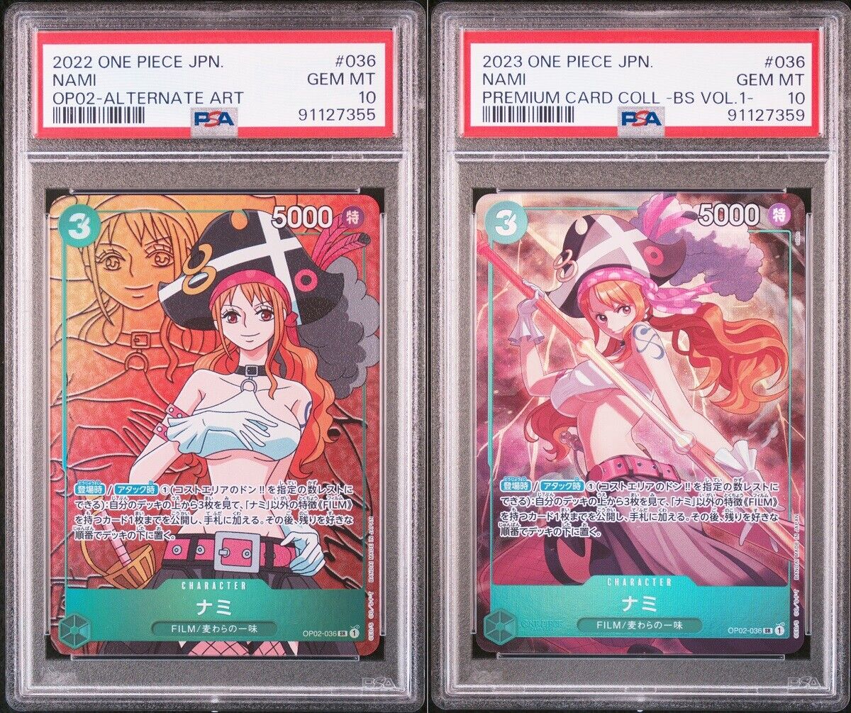 SET 2 PSA 10 GEM MINT JAPANESE ONE PIECE 2022/23 Nami OP02-036 ALT ART&PREMIUM