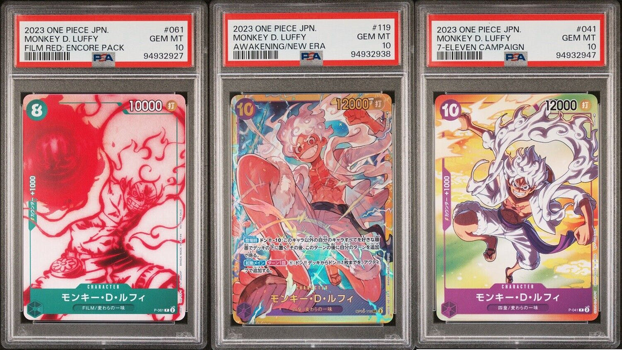 SET 3 PSA 10 GEM MINT JAPANESE ONE PIECE MONKEY D. LUFFY P-041 P-061 OP05-119