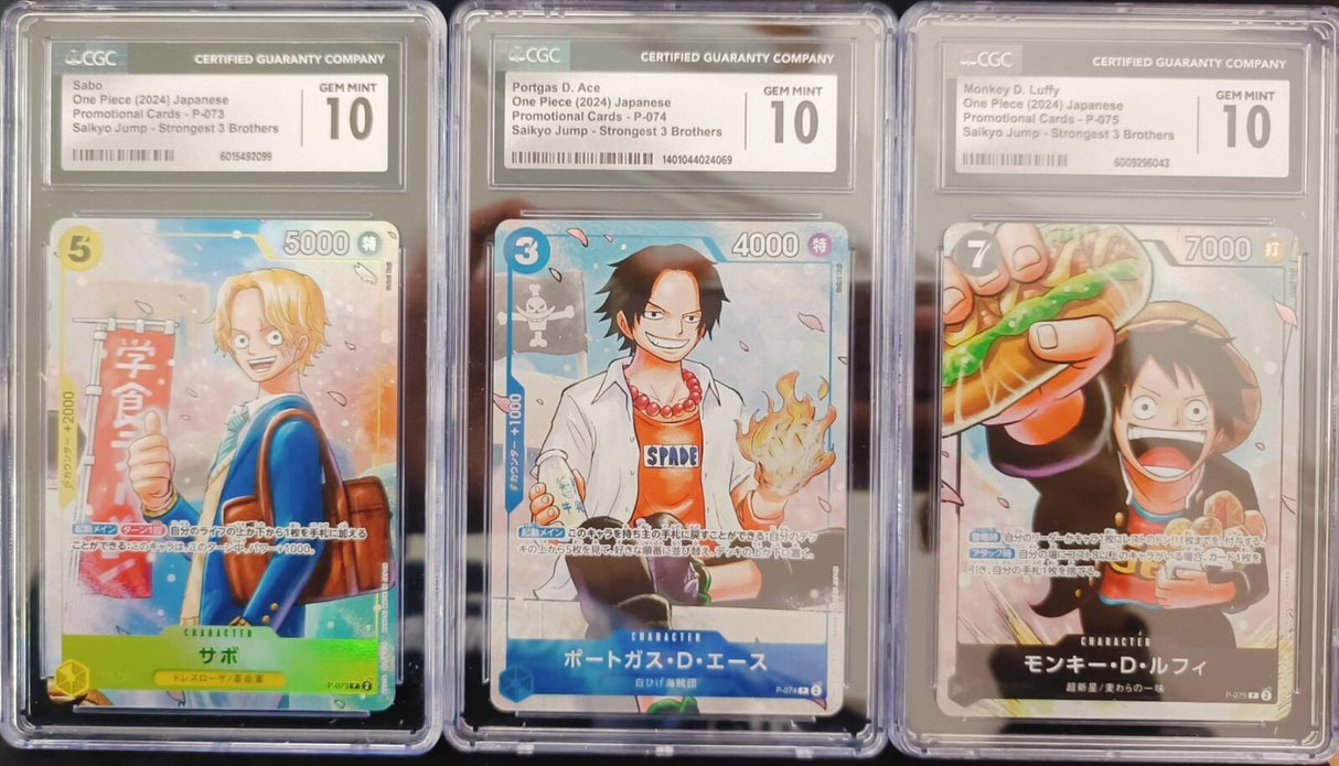 SET 3 CGC 10 GEM MINT JAPANESE ONE PIECE 2024 Luffy Ace Sabo P-073 P-074 P-075