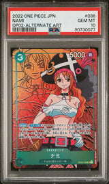 PSA 10 GEM MINT JAPANESE ONE PIECE 2022 Nami OP02-036 Paramount War Alt Art SR