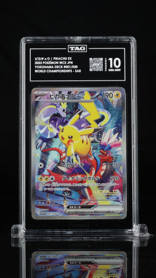 TAG 10 GEM MINT JAPANESE POKEMON 2023 PIKACHU EX 001/030 YOKOHAMA DEVK WSC23 — reference photograph