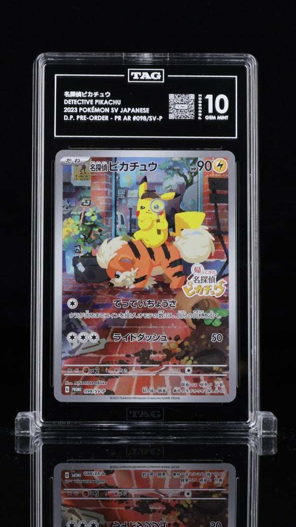 TAG 10 GEM MINT Japanese Pokemon 2023 Detective Pikachu 098/SV-P Detective PROMO — reference photograph