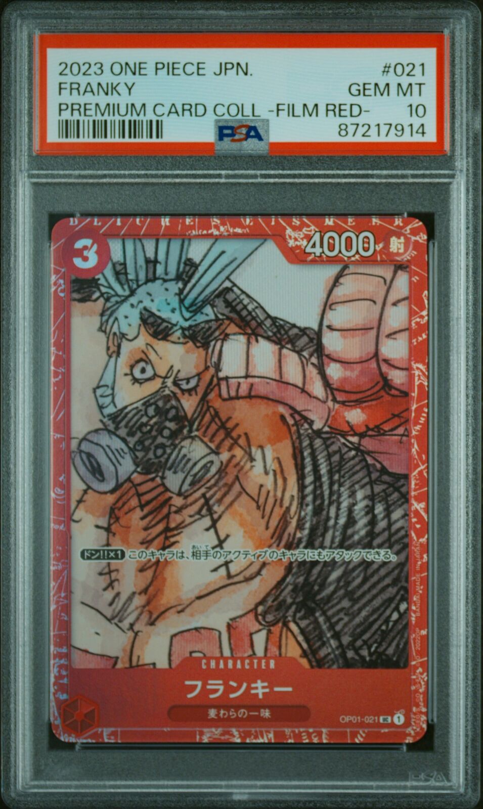 PSA 10 GEM MINT JAPANESE ONE PIECE 2023 FRANKY OP01-021 COLL-FILM RED