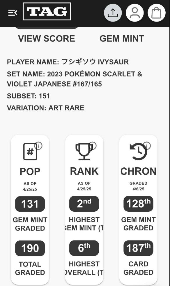 TAG 10 GEM MINT JAPANESE POKEMON 2023 IVYSAUR 167/165 POKEMON 151 AR SV2a