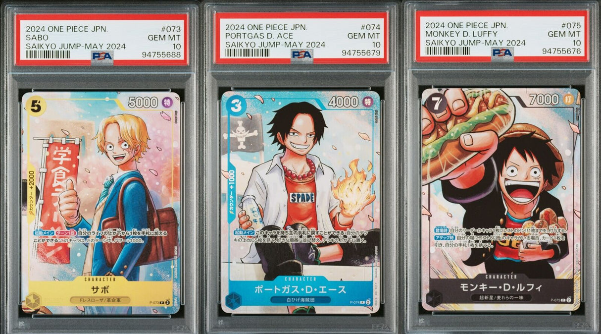 SET 3 PSA 10 GEM MINT JAPANESE ONE PIECE 2024 Luffy Ace Sabo P-073 P-074 P-075