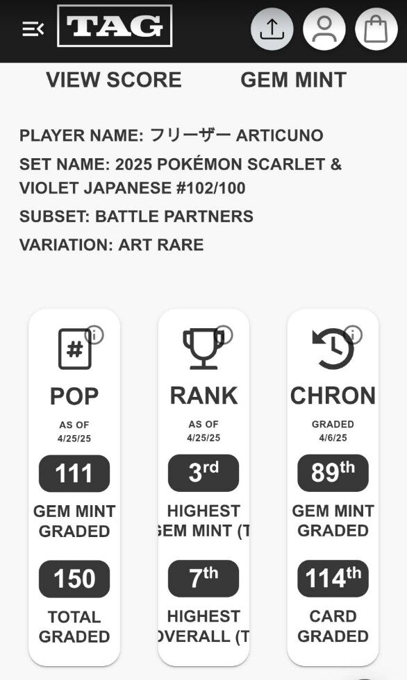 TAG 10 GEM MINT JAPANESE POKEMON 2025 Articuno 102/100 Battle Partners SV9
