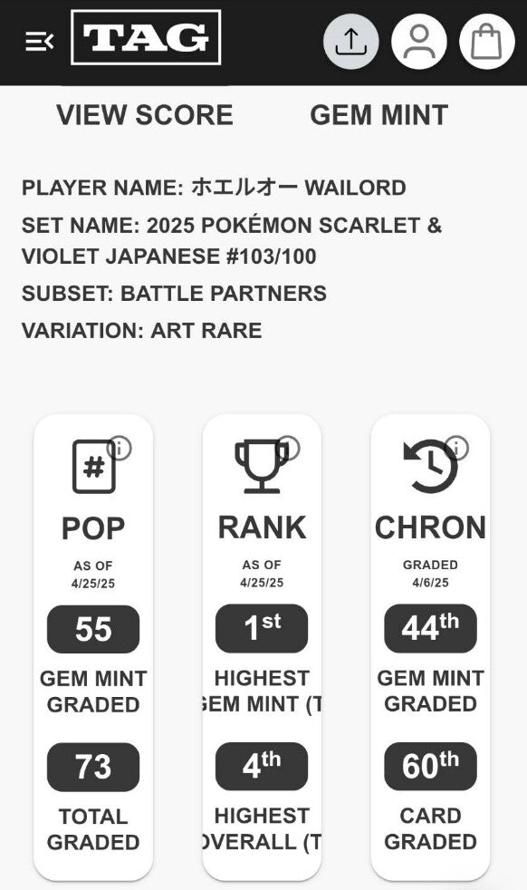 TAG 10 GEM MINT JAPANESE POKEMON 2025 Wailord 103/100 Battle Partner SV9 Rank #1