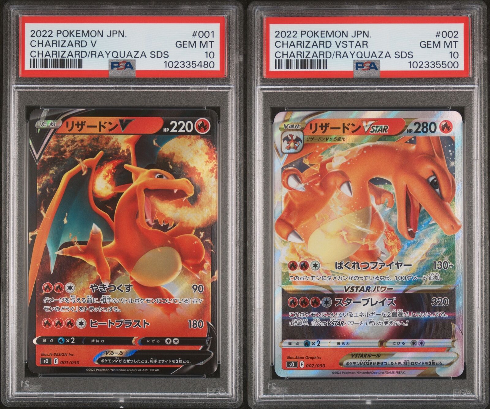 Set 2 PSA 10 GEM Japanese Pokemon 2022 CHARIZARD V & VSTAR 001/030