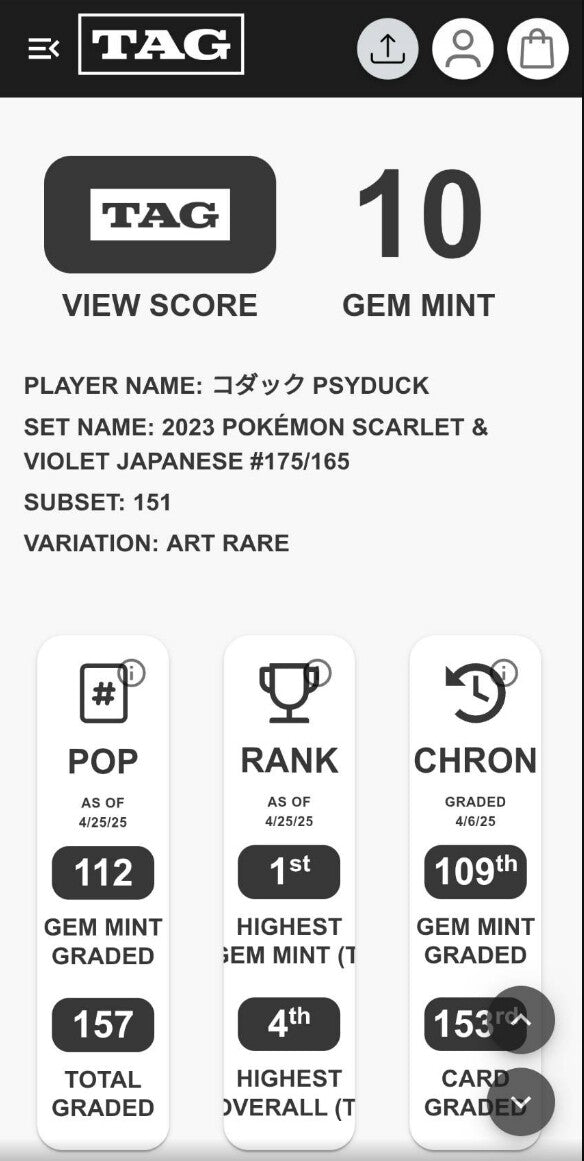 TAG 10 GEM MINT JAPANESE POKEMON 2023 PSYDUCK 175/165 POKEMON 151 SV2ab Rank #1