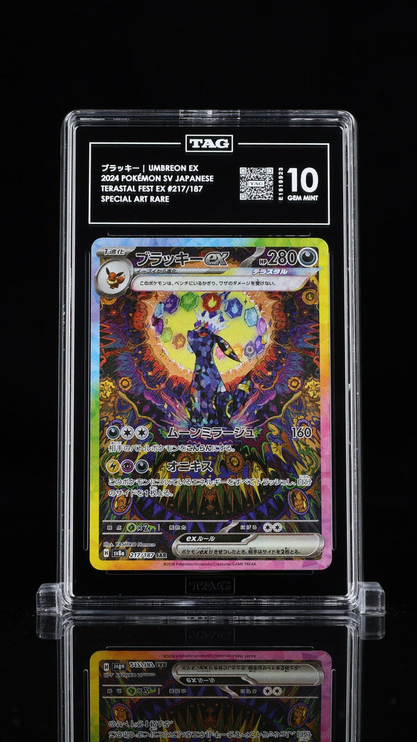 TAG 10 GEM MINT JAPANESE POKEMON 2024 UMBREON EX 217/187 TERASTAL EX SV8a — reference photograph