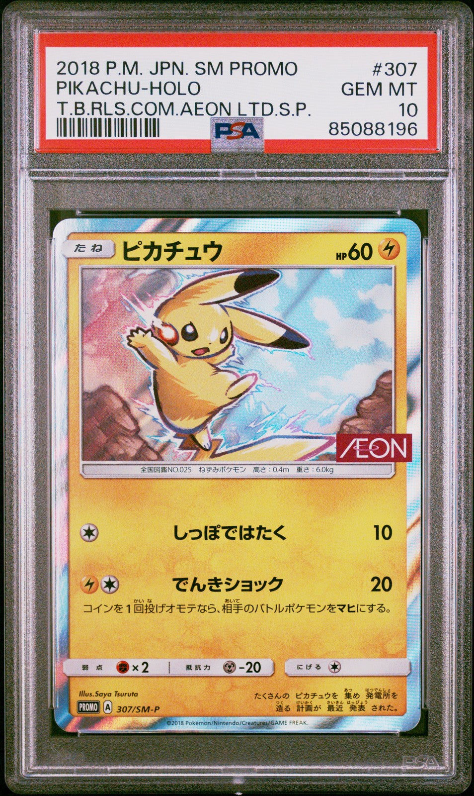 PSA 10 GEM MINT JAPANESE POKEMON 2018 PIKACHU 307/SM-P HOLO T.B.RLS.COM. PROMO