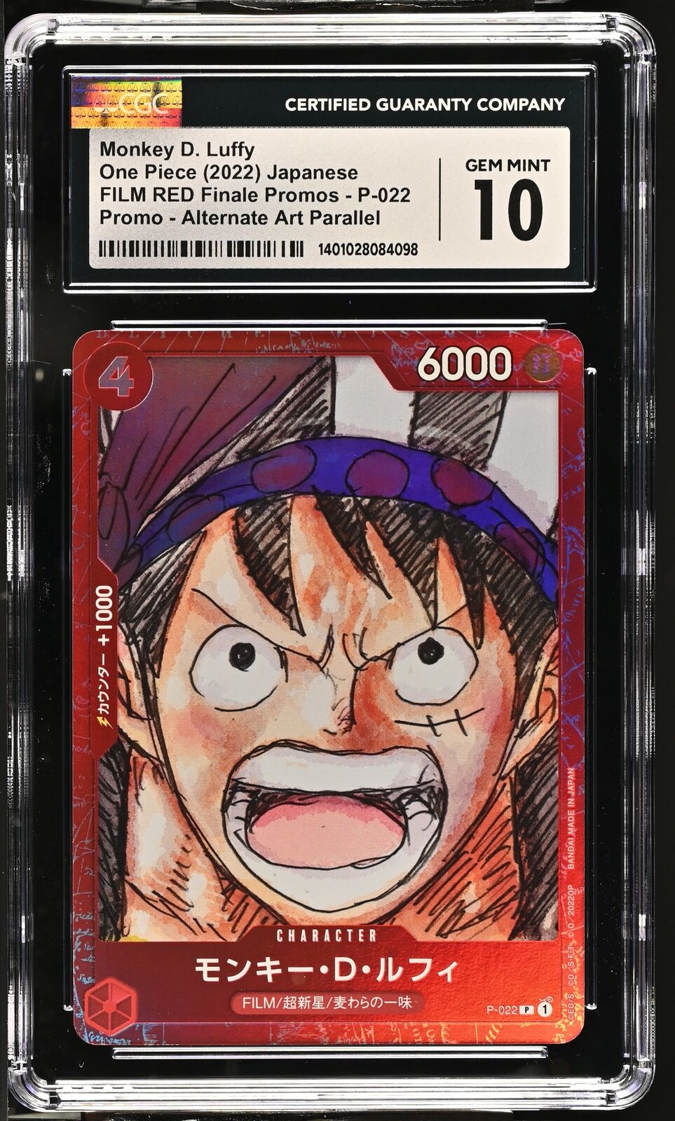 CGC 10 GEM MINT Japanese One Piece 2022 MONKEY D. LUFFY P-022 FILM RED ALT ART