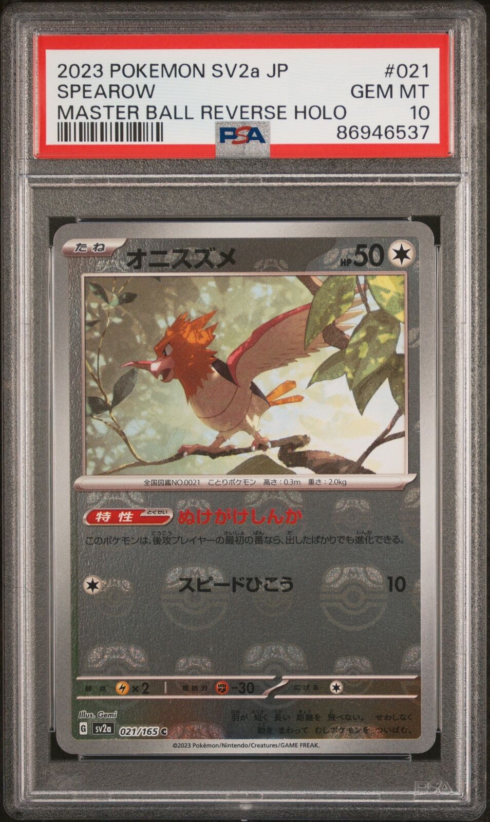 PSA 10 GEM MINT JAPANESE POKEMON 2023 SPEAROW 021/165 MASTER BALL SV2a