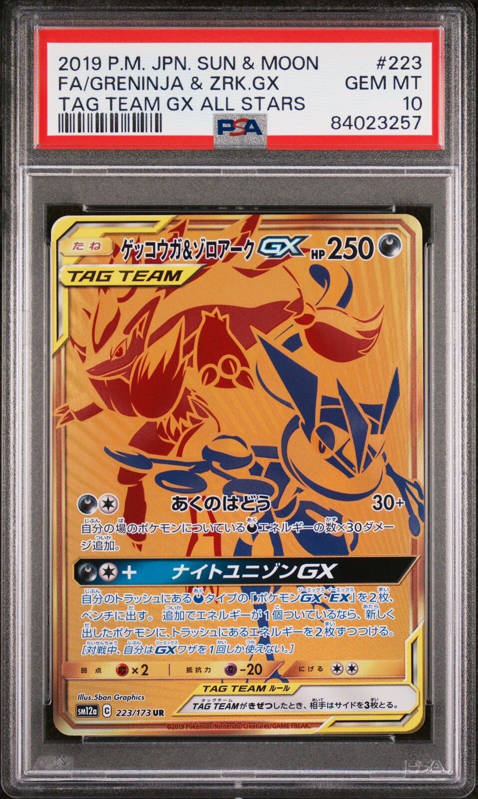 PSA 10 GEM MINT JAPANESE POKEMON 2019 GRENINJA & ZOROARK GX 223/173 SM12a