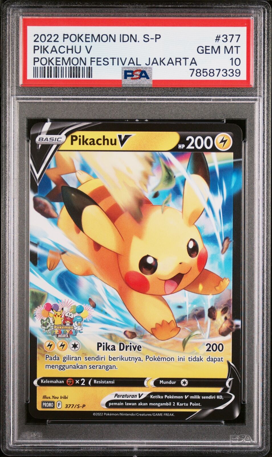 PSA 10 GEM MINT INDONESIAN POKEMON 2022 PIKACHU V 377/S-P PROMO