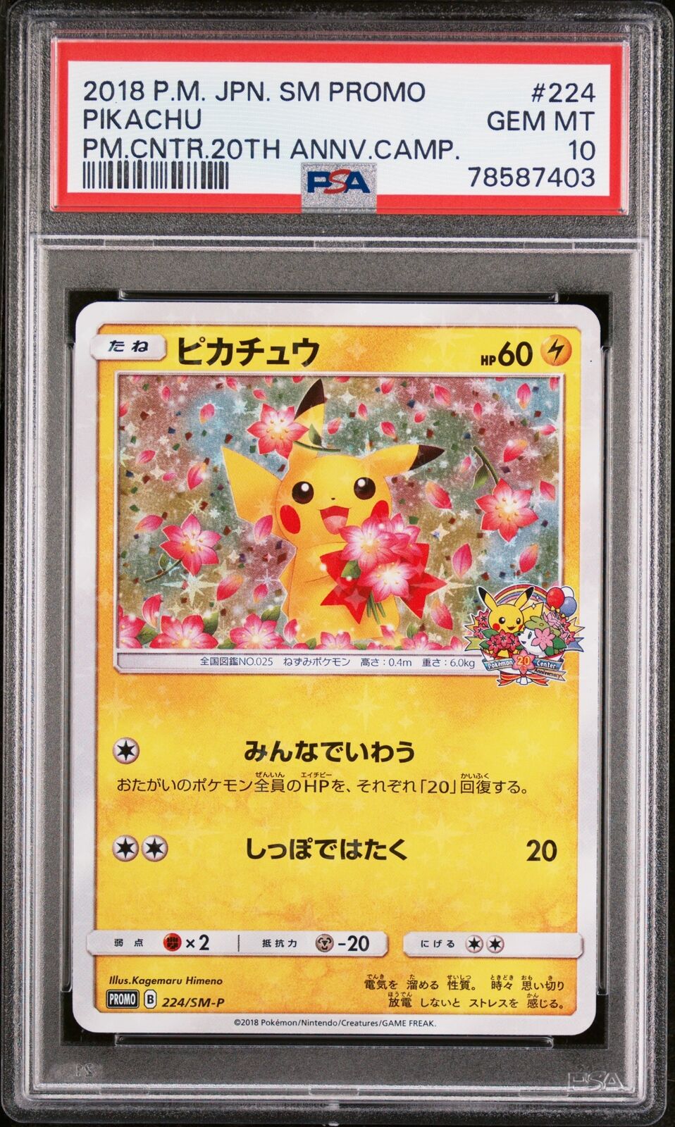 PSA 10 GEM MINT JAPANESE POKEMON 2018 PIKACHU 224/SM-P 20TH ANN PROMO