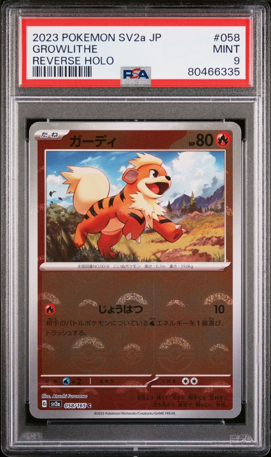 PSA 9 MINT JAPANESE POKEMON 2023 GROWLITHE 058/165 REVERSE HOLO SV2a