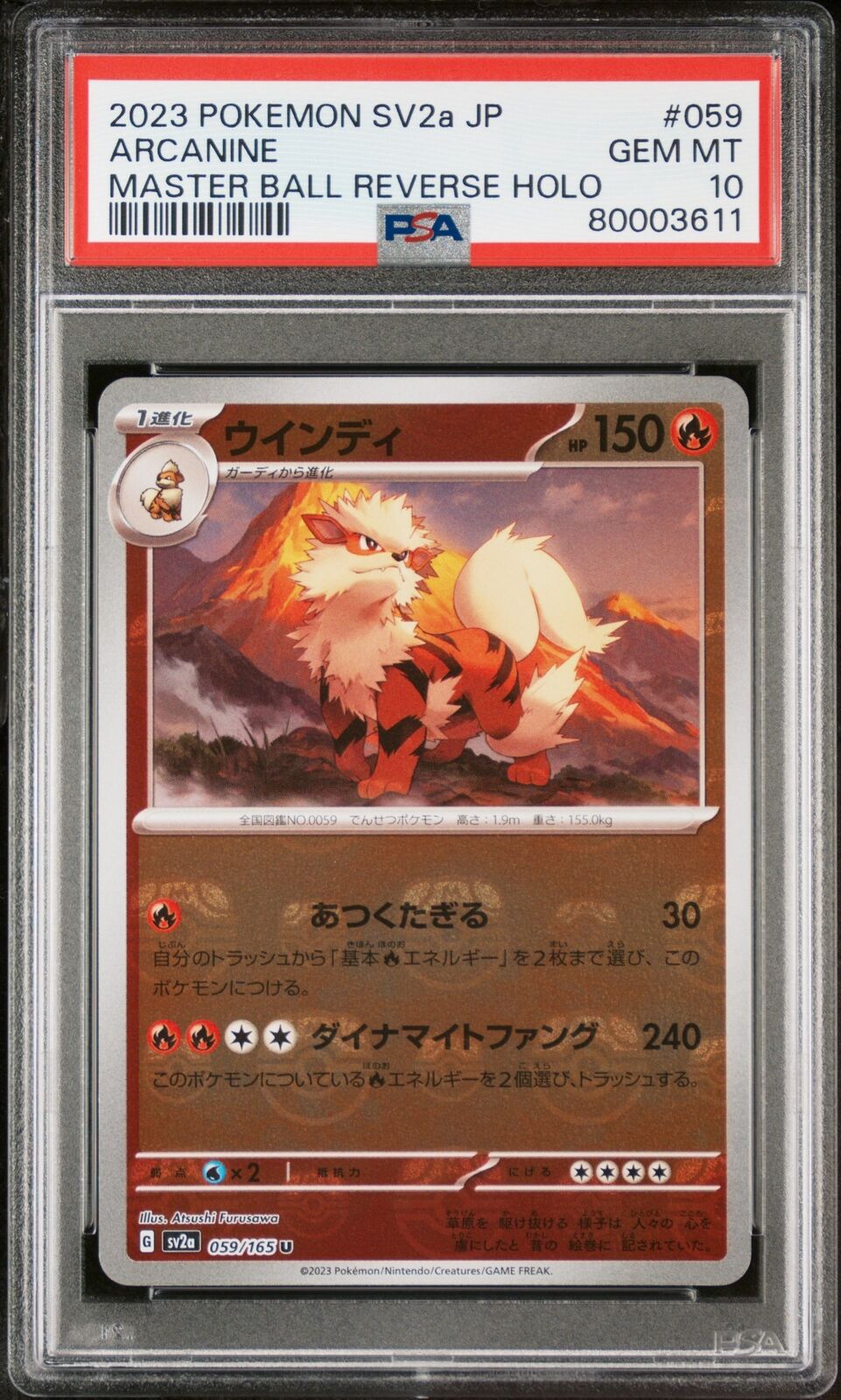 PSA 10 GEM MINT JAPANESE POKEMON 2023 ARCANINE 059/165 MASTER BALL 151 SV2a